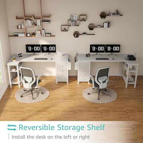 Lufeiya White L Shaped Desk with Drawers & Storage Shelves, 55 Inch Corner Computer Desk with Power Outlet for Home Office Bedroom, L-Shaped Teen PC Desks with Fabric Drawer, White