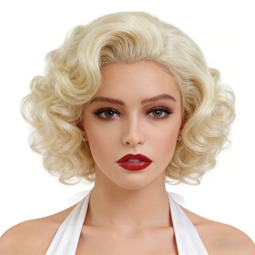 GNIMEGIL Womens Vintage Short Curly Wig Light Blonde Retro Hollywood Style Synthetic Fiber for 1920s Costume Parties Halloween and Cosplay