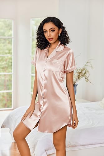 Ekouaer Women's Satin Nightshirt Button Down Sleepshirt Silk Short Sleeve Nightgown Boyfriend Notch Collar Sleepwear4