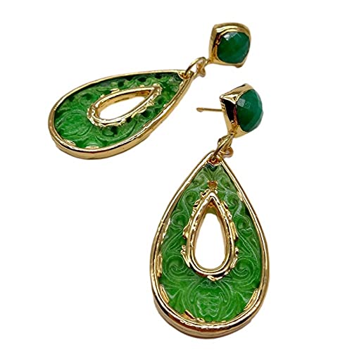 Jade vert en forme de larme sur boucles d'oreilles style fleur