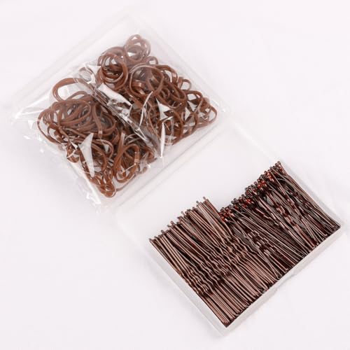 200PCS U-Shaped Hair Pins Set for Women, Kids & Girls 2.36IN, 2IN Bobby Bun Pins with Storage Box, 100PCS Elastic Hair Bands for All Hair Types, Brown