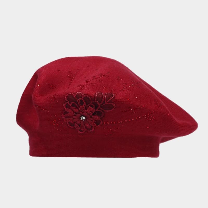 Retro Rhinestone Flower Knitted Beret Hat for Artistic Style and Fashion Statement