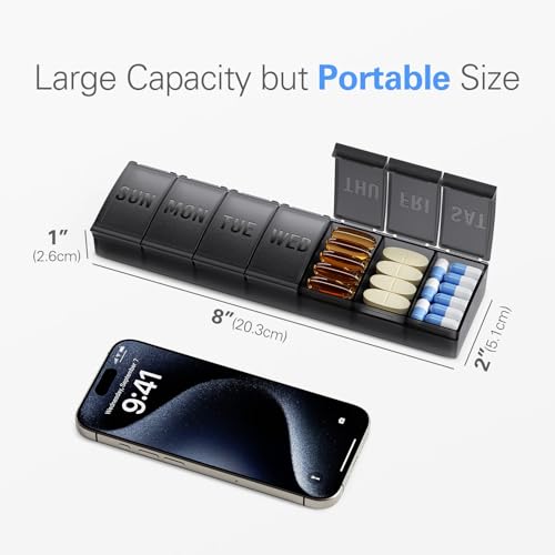 Image of Barhon Pill Organizer Large, Weekly Medicine Pill Organizers, 7 Day Pills Box Case Travel for Big Vitamin Supplements Fish Oil, Gray