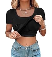 CHICME Women Built-in Bra T Shirt Top Short Sleeve Square Neck Basic Tees Casual Ribbed Knit Fitt...
