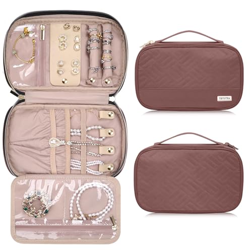 TBTOTRA Jewelry Travel Case Organizer for Necklaces, Earrings, Rings, Bracelet, Watch, Soft Sided, Red Sandalwood