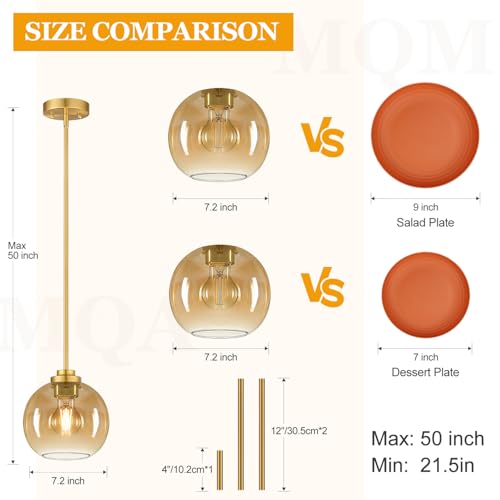 Image of MQMQA 2 Pack Gold Globe Pendant Lights, Mid Century Gold Pendant Light Fixtures, Amber Glass Pendant Lights Kitchen Island Adjustable Hanging Fixture for Dining Room (Bulbs not Included)