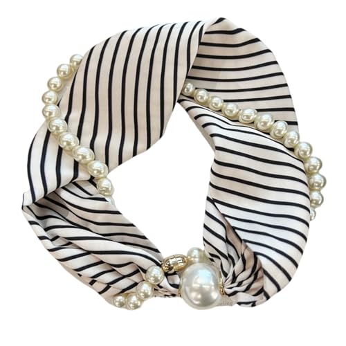 Magnetic Clasp Pearls Chain Necklace Floral Satins Scarf Elegant Silk Skinny Narrow Neckerchief for Fashionable Women Magnetic Clasp Pearl Necklace Scarf4