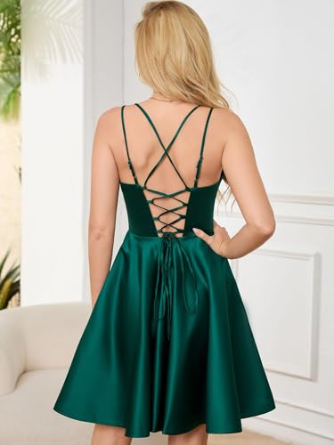 Image of Homecoming Dresses for Teens Knee Length Spaghetti Strap with Pockets Satin Backless Prom Dress