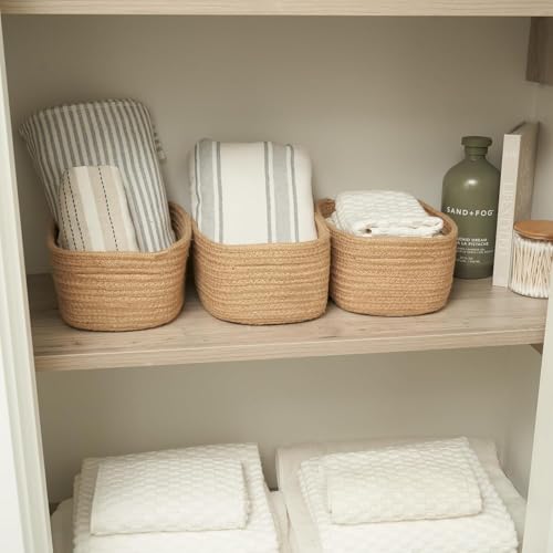Image of 100% Natural Jute small box mini rope paper storage Round hamper baby nursery tray bucket for Living Kitchen, Drawing Room,fruits, kitchen, office, (3 set oval beige)