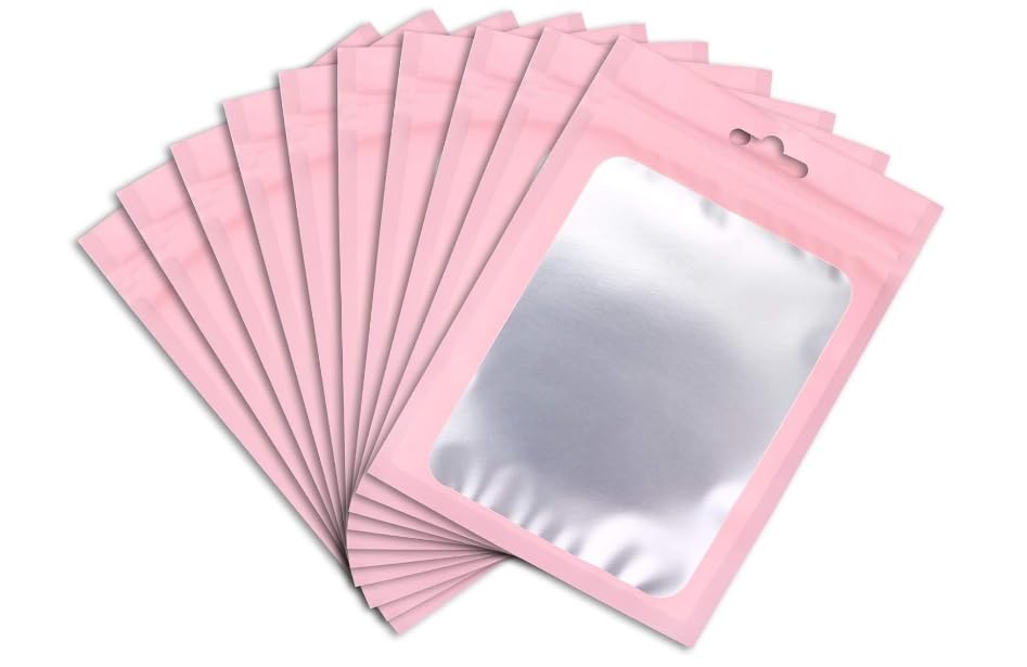 XFXIA 100 Pieces Mylar Bags, Resealable Smell Proof Bags with Clear Window 12cm*20cm Aluminum Foil Pouch Bag for Candy Food Lip Gloss Packaging |flat|cute| (Pink)