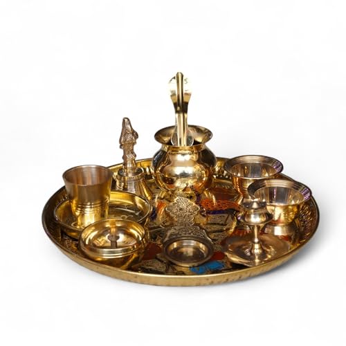 Image of Brass 9 Inch Minakari Pooja Thali Set With 10 Items Including Ghanti, Kalash, Udarni, Kuber Diya, Agarbati Stand, 2 Kumkum Bowls, Kapoor Aarti, 1 Glass and 1 Prasadam Plate | Weight : 670 Grams