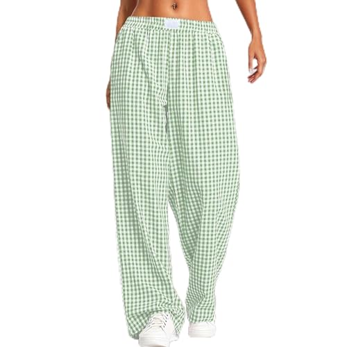 Vhersily Pantalones Harem para mujer de yoga con cintura elástica a cuadros, pantalón Palazzo, longitud completa, pierna recta, jogging con bolsillos, para vacaciones, Slim Fit para club nocturno