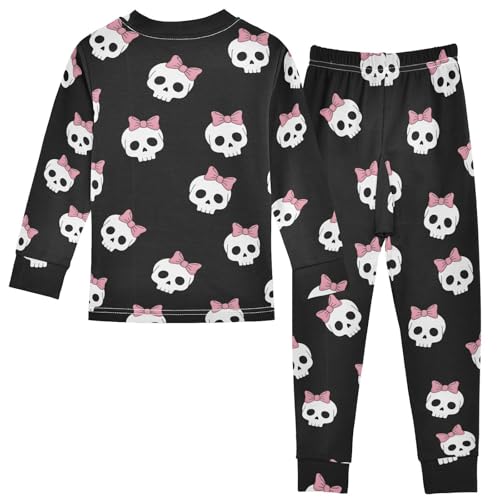Pajama Sets Long Sleeve Skull Pattern with Pink Bows Soft Comfy Sleepwear 2 Piece PJS 3-8T3
