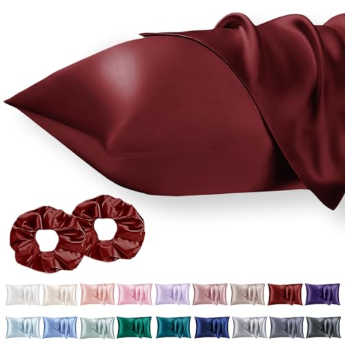 Vielit Paquete de 2 fundas de almohada de satén para refrescar el cabello y la piel, suaves como la seda para el cabello y la piel, más fácil de cuidar que la funda de almohada de seda, color vino, 50