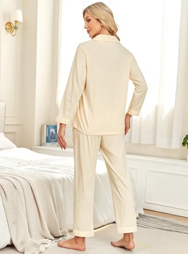 EA'S SECRET 100% Cotton Pajamas for Women Set Long Sleeve Sleepwear Button Down Loungewear Soft Pjs Lounge Sets S-XXL (Cream,M) — view 5