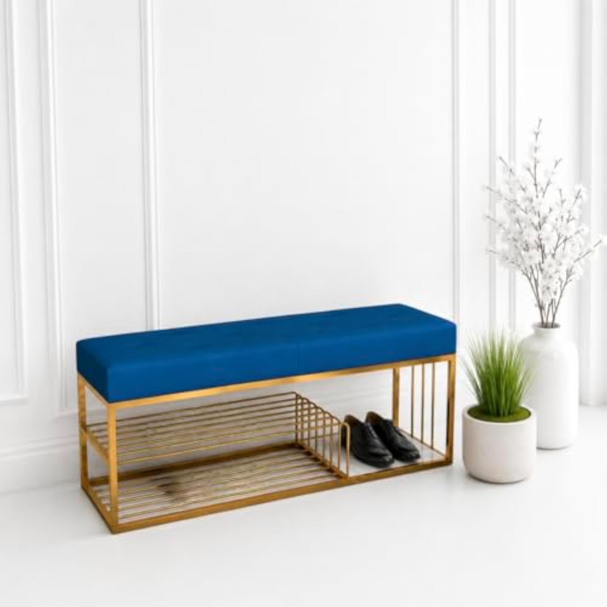 Upholstered Metal Bench with Open-Shelf Shoe Rack