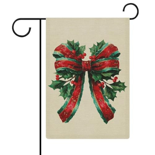 Arco de Navidad vintage con bandera de jardín de acebo, arpillera de doble cara, banderas exteriores de 12 x 18 pulgadas