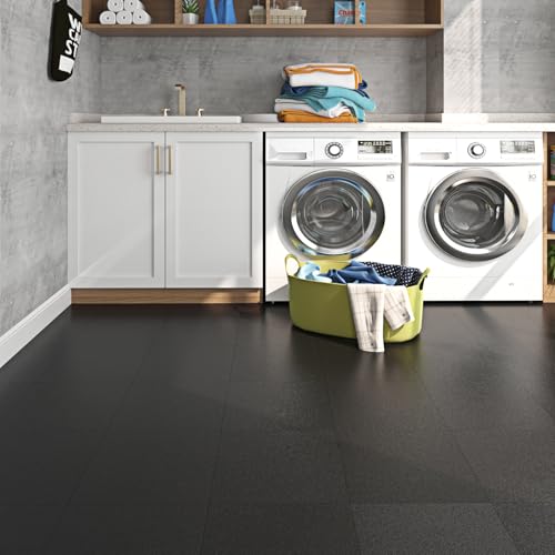 Livelynine 16 Dalles PVC Adhesives Sol Noires Imperméable Lino Sol Cuisine 30CM X 30CM Revetement de Sols Adhesif pour Salle de Bain Lame PVC Adhesive Noir Dalle Sols Autocollant Salon Toilette