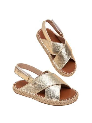GORGLITTER Girl's Metallic Sandals Criss Cross Open Toe Ankle Strap Flats Dress Shoes
