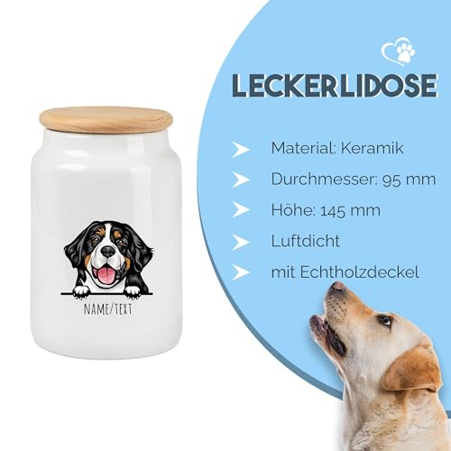 Tierisch-tolle Geschenke Leckerlidose Hund personalisiert – Keramik Dose mit Namen & Hunderasse, luftdicht mit Holzdeckel, Aufbewahrung für Leckerlis & Kekse (650 ml)