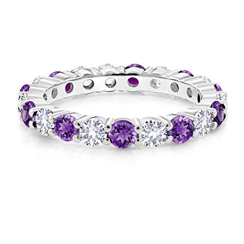 Gem Stone King 1.00 Cttw Eternity Band Ring For Women | 925 Sterling Silver | 3MM Purple Amethyst and 3MM White Created Sapphire | Round 3MM | Gemstone Birthstone | Available In Size 5, 6, 7, 8, 92