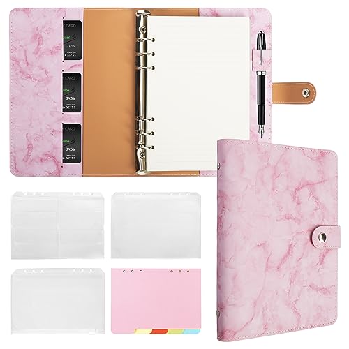 FYY Leather A5 Binder 6 Ring Binder Notebook - Refillable Notebook A5 Planner Binder with Binder Pockets, A5 Dividers, A5 Refill Paper, PU Leather Travel Binder Journal Cover Binder Marble Pink