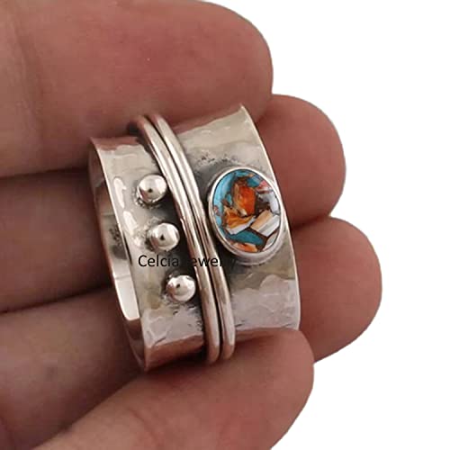 Solid 925 Sterling Silver Meditation Ring, Oyster Copper Turquoise Oval Gemstone Spinner Ring, Double Band Spinning Ring, Unique Handcrafted Ring (US Ring size 8)