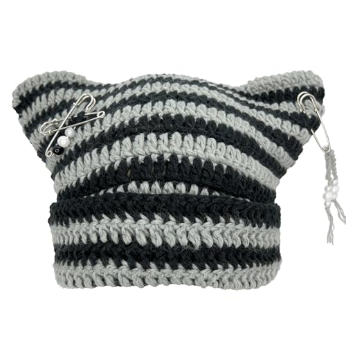 Hshsclth Cat Ear Crochet Beanie Hat Y2K Style with DIY Accessories Goth Knit Hat for Women Girls (US Alpha One Size Black and Grey Stripe)