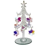 Tabletop Christmas Tree - Spun Glass with Gold Trimmed Star - Includes 9 Iridescent Crystal Snowflake Ornaments - Mirrored Base is 2 3/4