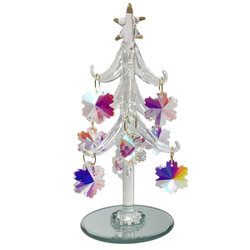 Tabletop Christmas Tree - Spun Glass with Gold Trimmed Star - Includes 9 Iridescent Crystal Snowflake Ornaments - Mirrored Base is 2 3/4