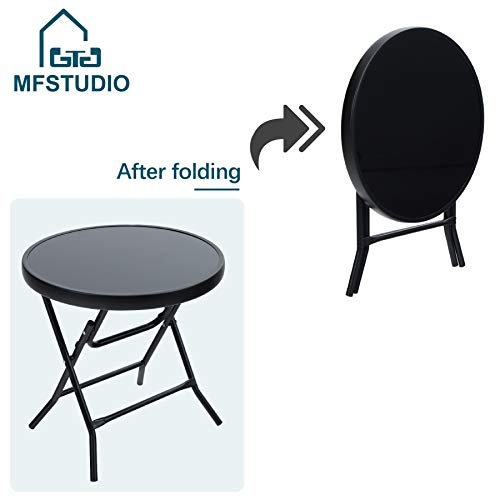 Mfstudio Patio Side Table, Folding Portable Round Bistro Coffee Table, Tempered Glass Metal End Table, Plant Stand For Indoor & Outdoor Garden Backyard Lawn Poolside, 18 Inch Black #TOP3
