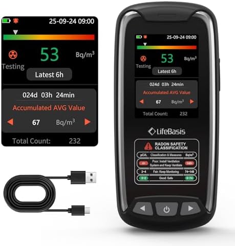 LifeBasis Radon Detector with TFT Color Display, Rechargeable Radon Monitor for Home Long Data Storage First Data Display in 6 Hours, Radon Tester with Visual and Audible Alarm pCi/L or Bq/m³-Black
