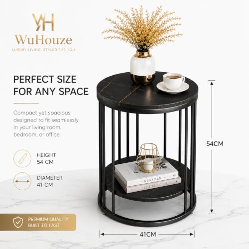 Image of Modern Double-Top Coffee Table with Rustic Farmhouse Accent, Multipurpose Living Room Bedroom, Two-Tier Small Sofa Side Bedside Table with Metal Frame Nightstand (Full Black)