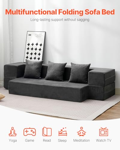 VEVOR 3 in 1 Klappsofa faltbares Schlafsofa mit 3 Kissen & waschbarem Bezug, umwandelbarer Schlafsessel aus 25D Memory Foam, Couch für Wohnzimmer Schlafzimmer, Hellgrau (Twin /1030x1930x225mm)