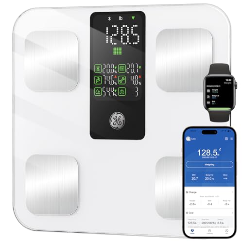 GE Smart Scale for Body Weight: Body Composition Analysis for Body Fat, BMI, Muscle Mass 8-Electrode Handle Display Bluetooth App Sync, 400lb Capacity for Home & Gym, White