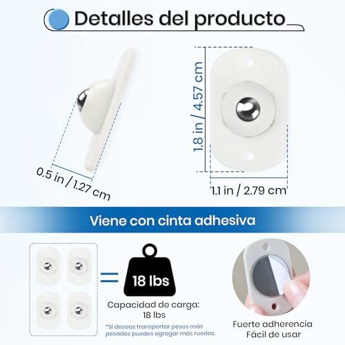 TRVL FIELDER Minirruedas autoadhesivas para utensilios de cocina, ruedas universales giratorias de 360°, ruedas adhesivas para bricolaje, cubo de basura, caja de almacenamiento (8, blanco) - imagen 2