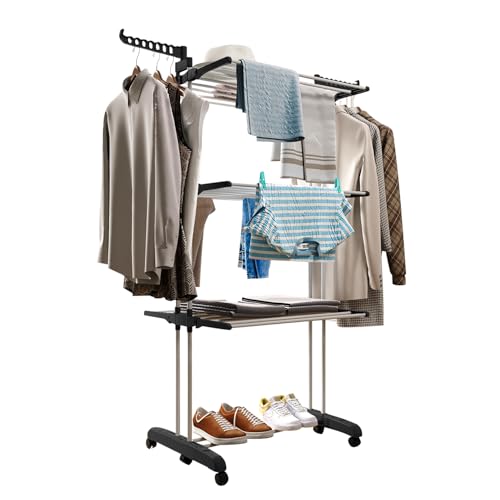 Clothes Drying Rack 4-Tier Large Iron Pipe Clothes Drying Rack for Hanging Clothes or Drying Flat Suitable for Indoor or Outdoor Use Black