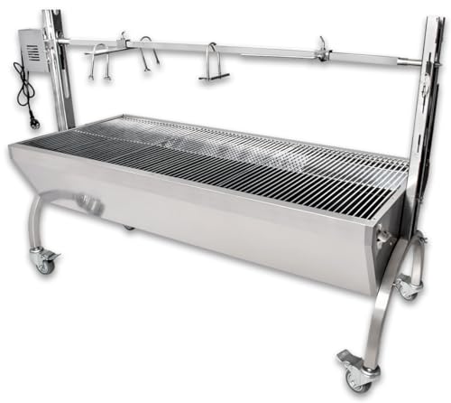 Beeketal 'BSG150' Profi Spanferkelgrill mit Grillmotor und höhenverstellbarem Drehspieß, mobiler Profi Spießgrill aus stabiler Edelstahl Konstruktion mit 4 bremsbaren 360° Grad Rollen