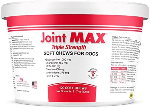 Joint MAX Triple Strength (TS) Soft Chews for Dogs - Glucosamine, Chondroitin, and MSM - Hip and Joint Pain Relief and Support Supplement for Dogs - Made in USA - 120 Soft Chews