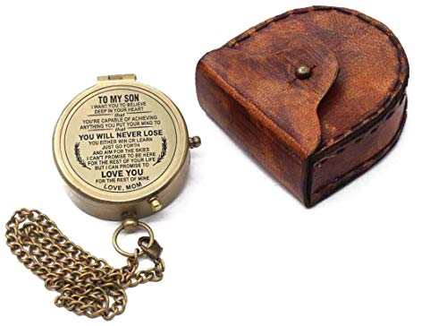 RII Pocket Brass Compass, Nautical Navy Compass for Camping, Travelling, Hiking, Boating, Gift Compass for Graduation, Wedding, Birthday, Anniversary, Mom to Son/Grandson with Imprinted Leather Case