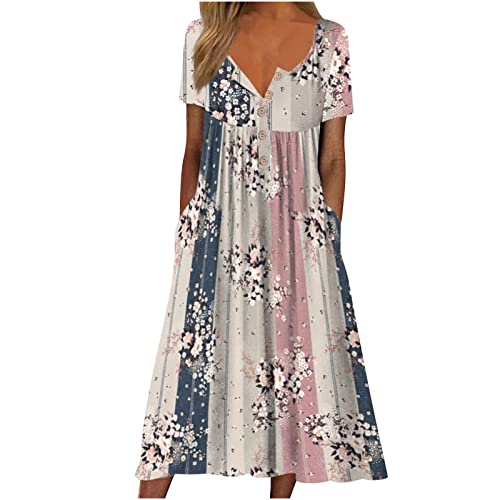 EMATOP A Linie Kleid Damen Kurzarm Sommerkleid V Ausschnitt Boho...