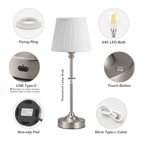 Image of Kakanuo Cordless Table Lamp Rechargeable Silver - 1 Pack 4000mAH Battery Operated Lamp for Decor, 3000K Stepless Dimming Touch Control Wireless Lamp for Bedroom, Dining Table, Counter, Living Room