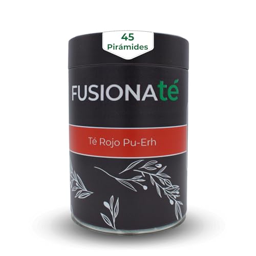 FUSIONATE Te Rojo Pu-Erh, Lata de 45 Pirámides bolsitas de té, Sabor Terroso, Cultivado en Yunnan China, Infusión Digestiva y Energizante