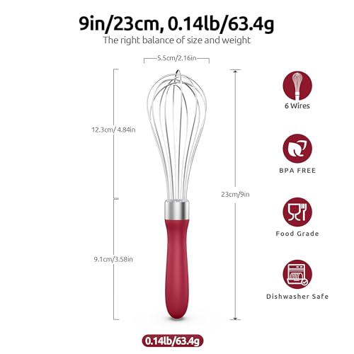 Image of U-Taste Wire Whisk for Cooking, 18 /10 Stainless Steel Balloon Wisk, S /Red