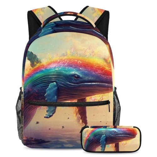 Sac à dos Blue Ocean Rainbow Whale avec trousse, grand format pour école garçons et filles
