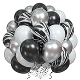 Luftballons Schwarz Silber, 60 Stück 12 Zoll Achat Schwarz Metallic Silber Weiß Latex Ballons Set, Geburtstag Party Luftballons Dekor für Babyparty Hochzeitstag Abschluss Urlaub Feier Dekorationen