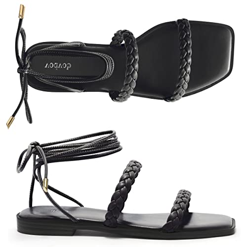 Vodvob Lace Up Flat Dress Summer Braided Sandals For Women Tie Up Ankle Wrap Strappy Open Toe Sandals Black Size 10 #TOP1