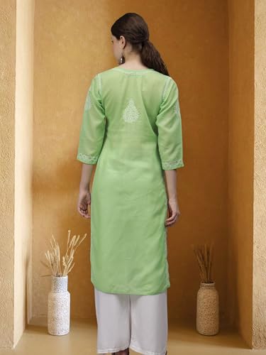 Image of Seva Chikan Hand Embroidered Lucknowi Chikankari Appricoat Peach Terivoil Cotton Kurta for Women SCL4603