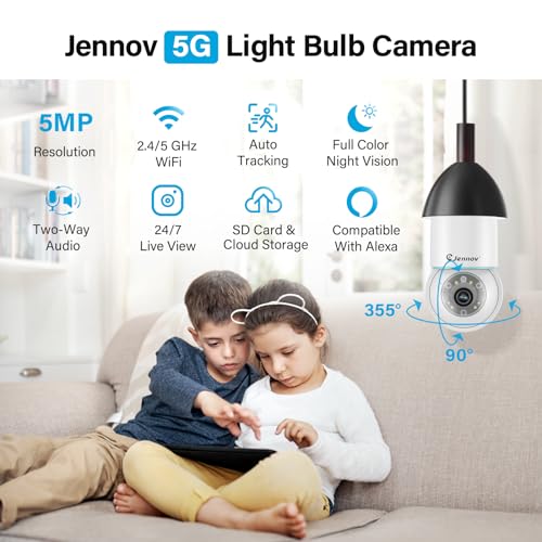 Jennov 5MP Light Bulb Security Camera Wireless Outdoor IP66 Waterproof - 5Ghz&2.4Ghz Indoor Cameras for Home Security, 360° Lightbulb Socket Camera, Color Night Vision, Motion Detect 2PCS