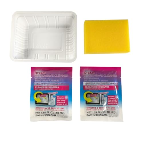 Steam Microwave Cleaner Kit with Sponge and Tray, Fast Steam Cleaning Solution Packets, Reusable System, Easy Kitchen Accessory